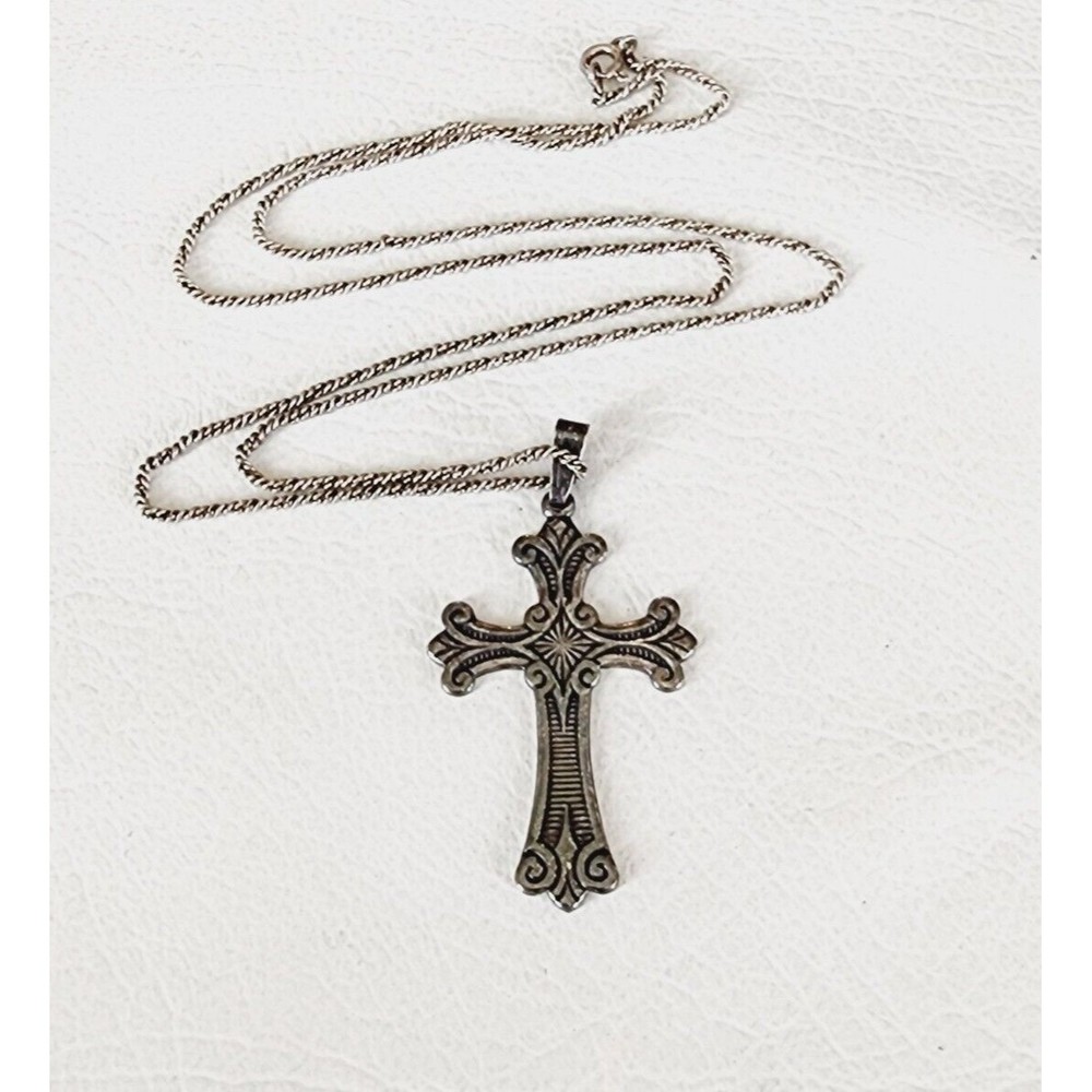 Vintage Sterling 925 Ornate Cross 2.25" Pendant Chain Necklace